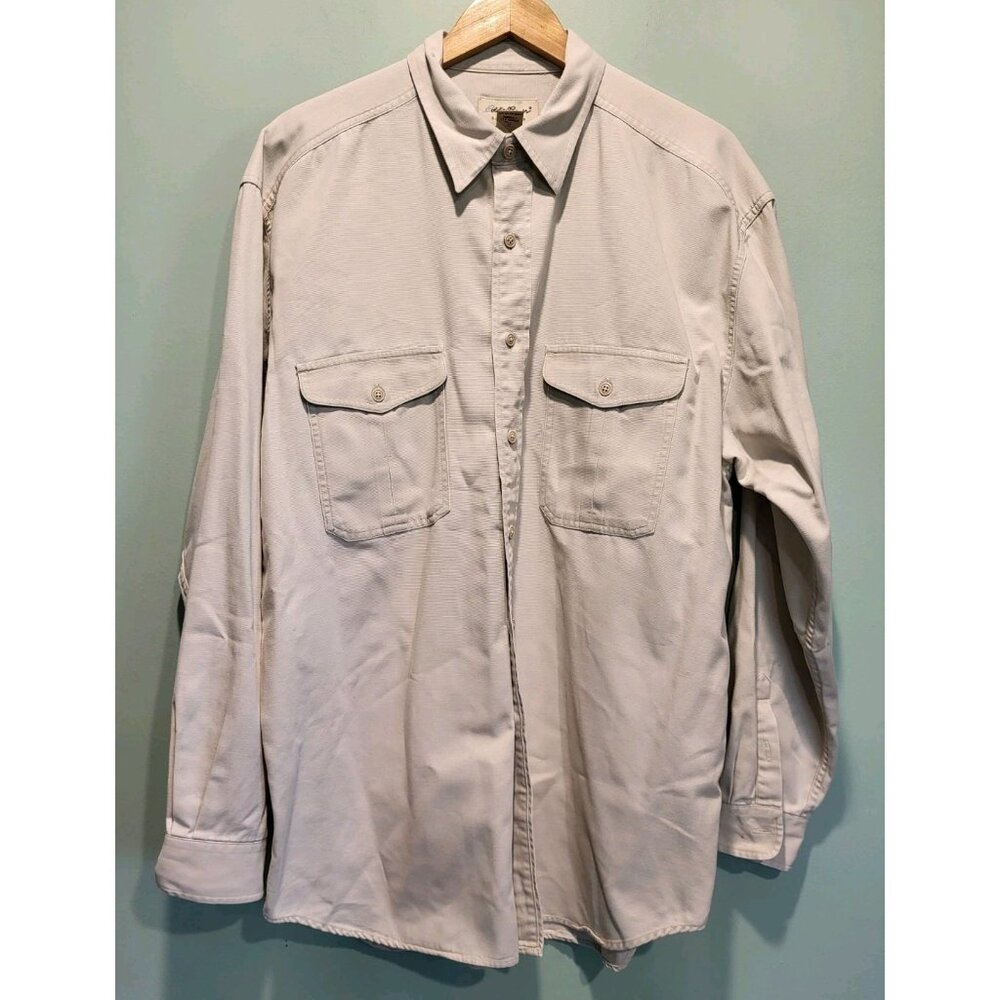 Mens NWOT Vtg Eddie Bauer Beige Canvas Button Up Work Shirt Sz L